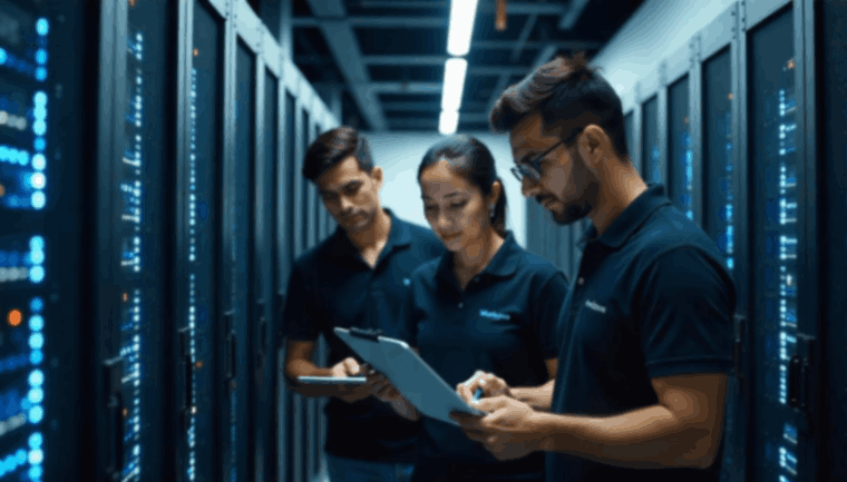 Three IT technicians reviewing a tablet in a server room with data racks.