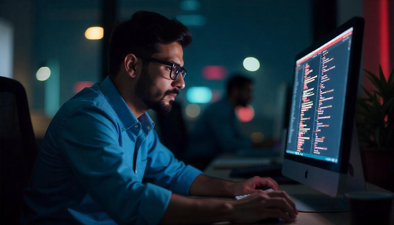 Man with glasses focused on lines of code on a monitor at night.