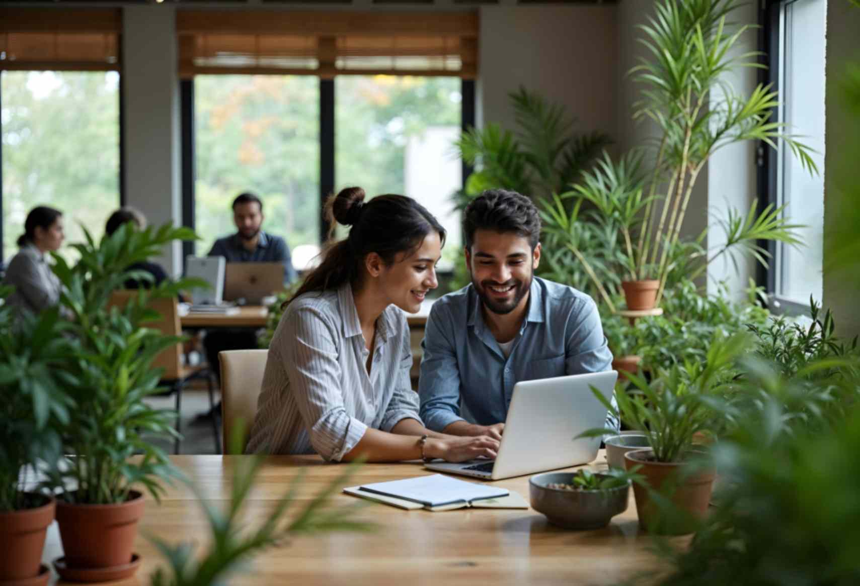 Man and woman smiling at a laptop together in a plant-filled office.