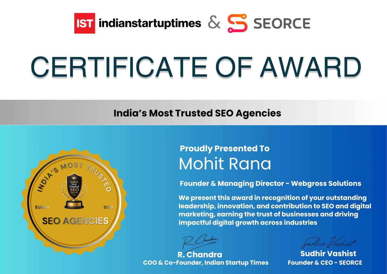 Webgross Solutions Recognized Among India's Most Trusted SEO Agencies 2026